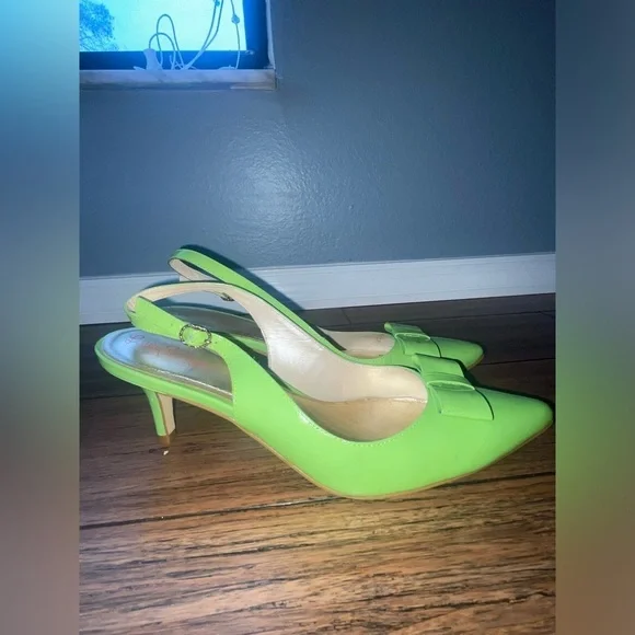 💚 Y2k Slingback heels kitten heels bow heels vintage green pumps patent heel - Picture 8 of 11